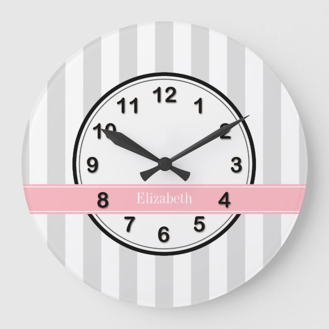 Lt Gray White Stripe Pink Name Monogram Large Clock (Front)