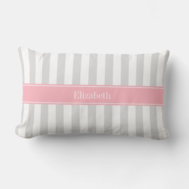 Lt Gray White Stripe Pink Name Monogram Lumbar Pillow (Front)