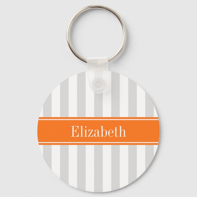 Lt Gray White Stripe Pumpkin Orange Name Monogram Keychain (Front)