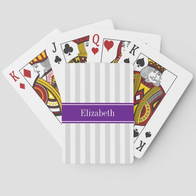 Lt Gray White Stripe Purple Name Monogram Poker Cards (Back)