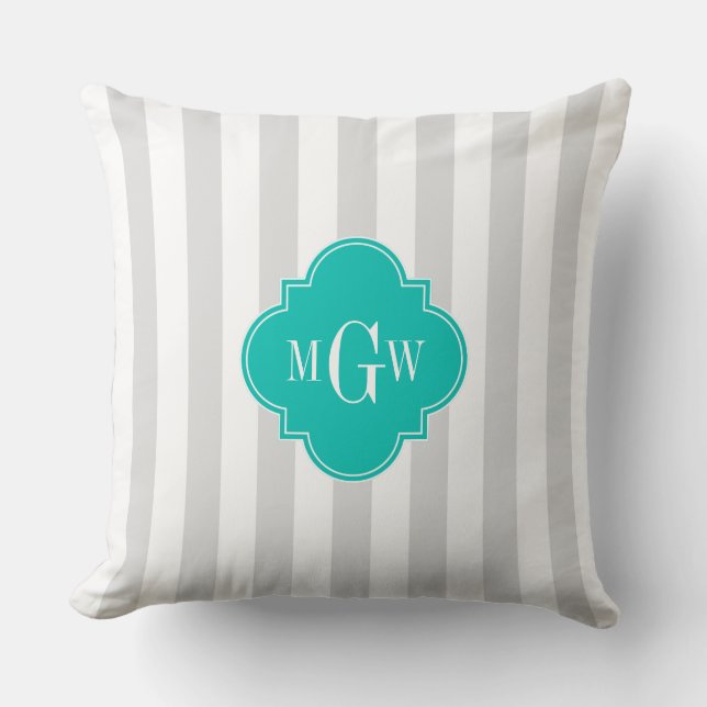 Lt Gray White Stripe Teal Quatrefoil 3 Monogram Throw Pillow (Front)