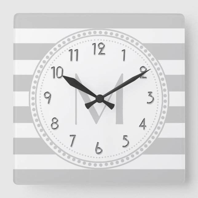 Lt Gray | White Stripes Pattern Monogram Square Wall Clock (Front)