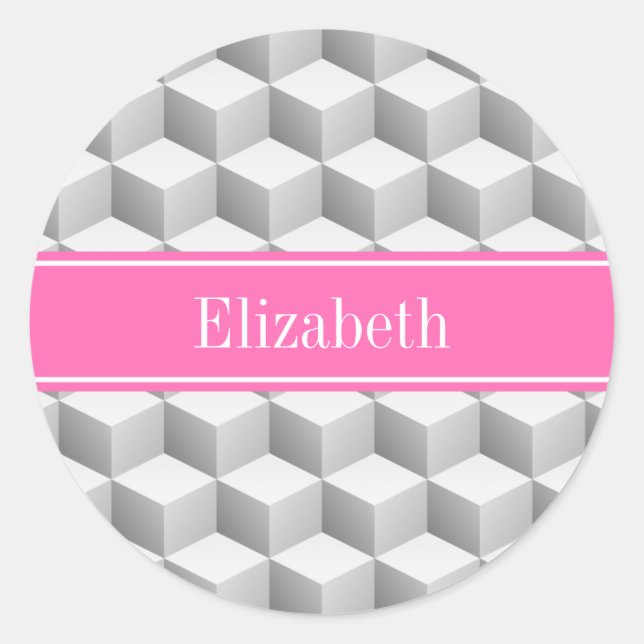Lt Gray Wht 3D Look Cube HotPink #2 Name Monogram Classic Round Sticker (Front)
