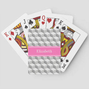 Lt Gray Wht 3D Look Cube HotPink #2 Name Monogram Poker Cards