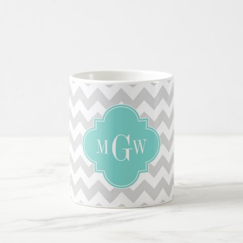 Lt Gray Wht Chevron Aqua Quatrefoil 3 Monogram Coffee Mug