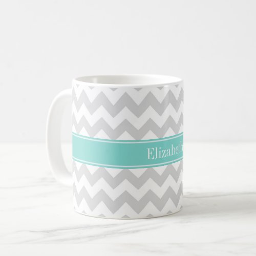 Lt Gray Wht Chevron Aqua Turquoise Name Monogram Coffee Mug