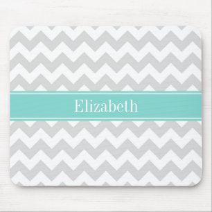 Lt Gray Wht Chevron Aqua Turquoise Name Monogram Mouse Pad