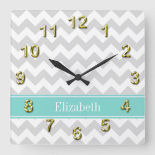 Lt Gray Wht Chevron Aqua Turquoise Name Monogram Square Wall Clock