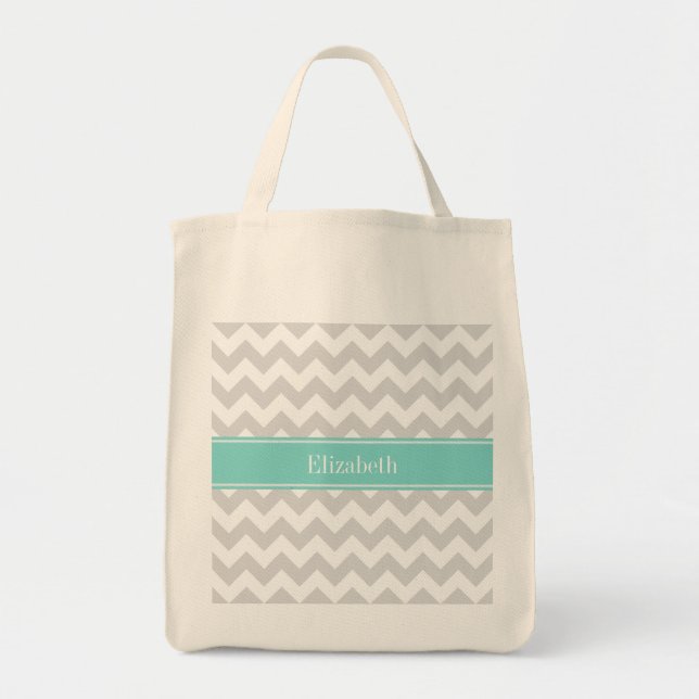 Lt Gray Wht Chevron Aqua Turquoise Name Monogram Tote Bag (Front)