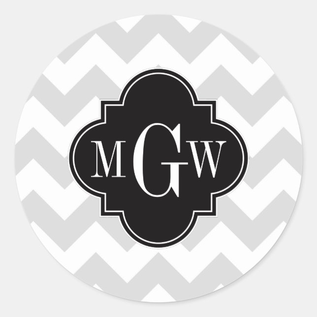 Lt Gray Wht Chevron Black Quatrefoil 3 Monogram Classic Round Sticker (Front)