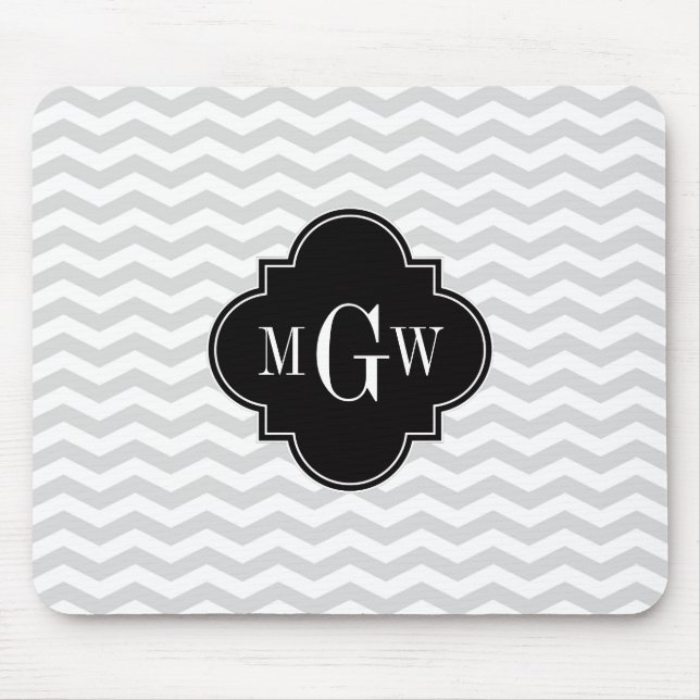 Lt Gray Wht Chevron Black Quatrefoil 3 Monogram Tn Mouse Pad (Front)