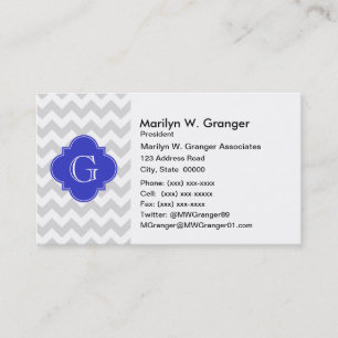 Lt Gray Wht Chevron Cobalt Quatrefoil Monogram Business Card
