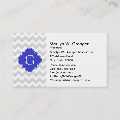 Lt Gray Wht Chevron Cobalt Quatrefoil Monogram Business Card Templates