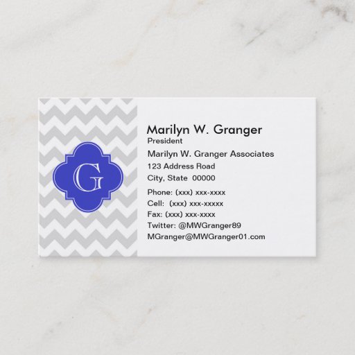 Customizable Lt Gray Wht Chevron Cobalt Quatrefoil Monogram Business Card Templates