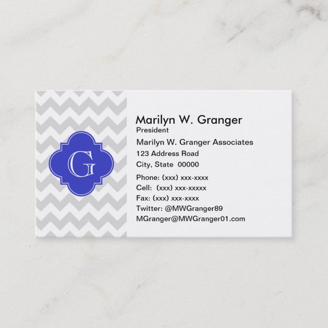 Lt Gray Wht Chevron Cobalt Quatrefoil Monogram Business Card (Front)