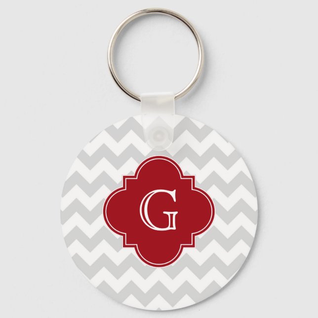 Lt Gray Wht Chevron Cranberry Quatrefoil Monogram Keychain (Front)