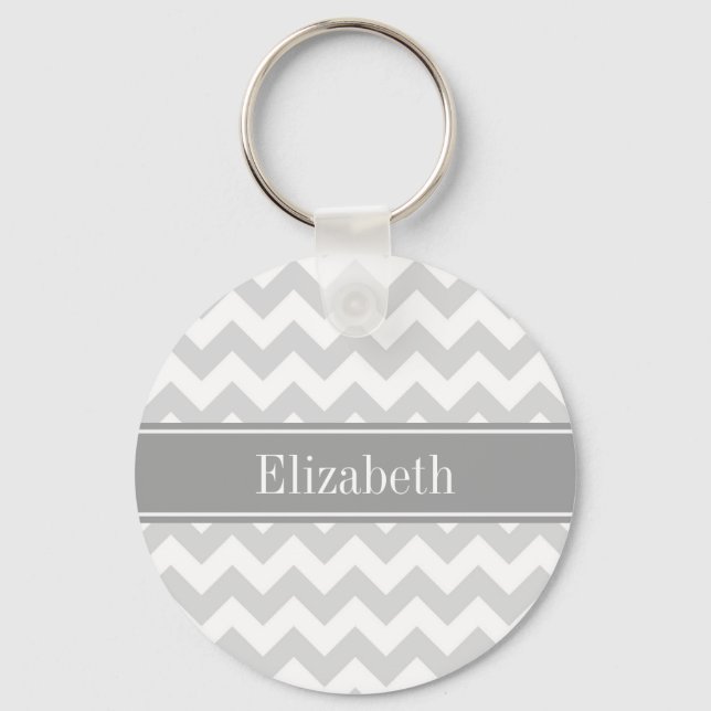 Lt Gray Wht Chevron Gray Name Monogram Keychain (Front)