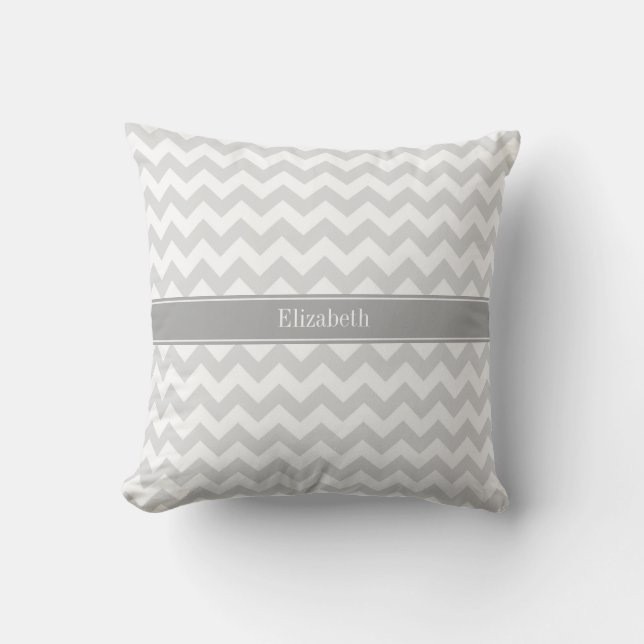 Lt Gray Wht Chevron Gray Name Monogram Outdoor Pillow (Front)
