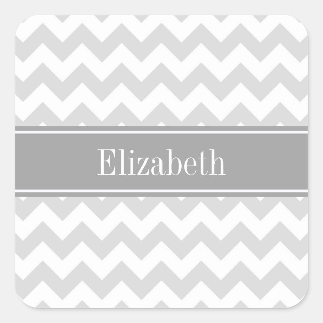 Lt Gray Wht Chevron Gray Name Monogram Square Sticker (Front)