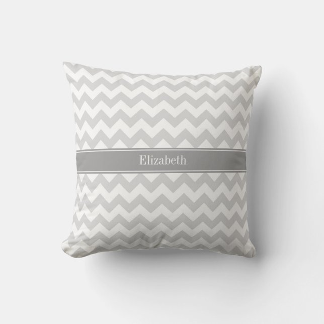 Lt Gray Wht Chevron Gray Name Monogram Throw Pillow (Front)
