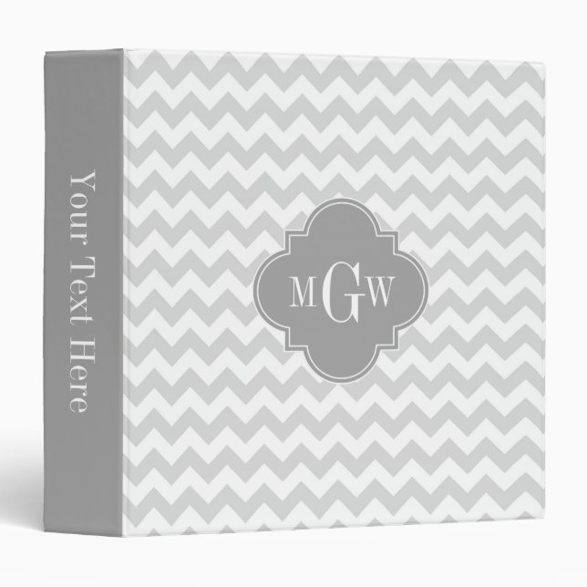 Lt Gray Wht Chevron Gray Quatrefoil 3 Monogram Binder (Front/Spine)