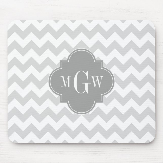 Lt Gray Wht Chevron Gray Quatrefoil 3 Monogram Mouse Pad (Front)