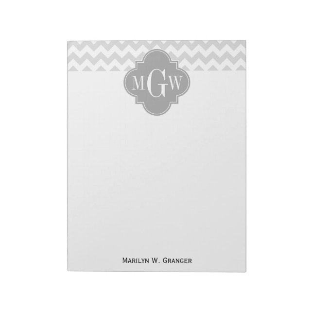 Lt Gray Wht Chevron Gray Quatrefoil 3 Monogram Notepad (Rotated)