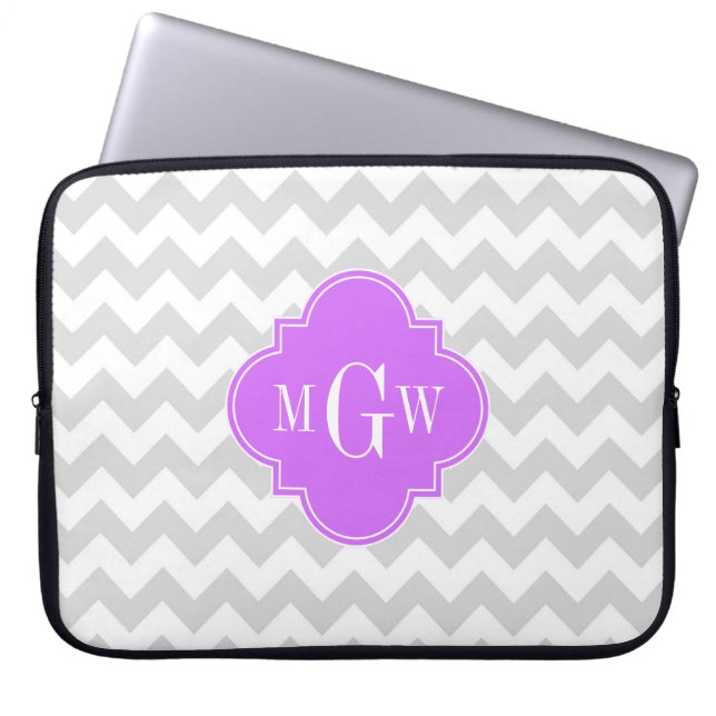 Lt Gray Wht Chevron Lilac Quatrefoil 3 Monogram Laptop Sleeve (Front)