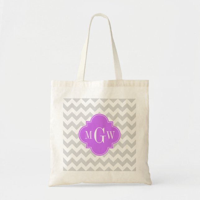 Lt Gray Wht Chevron Lilac Quatrefoil 3 Monogram Tote Bag (Front)
