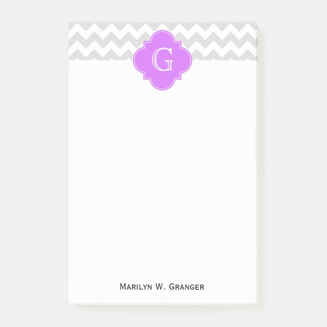 Lt Gray Wht Chevron Lilac Quatrefoil Monogram Post-it Notes (Front)