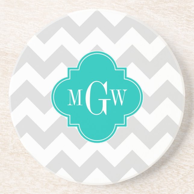 Lt Gray Wht Chevron Teal Quatrefoil 3 Monogram Drink Coaster (Front)