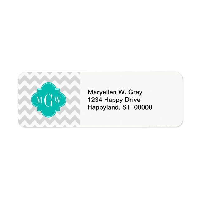 Lt Gray Wht Chevron Teal Quatrefoil 3 Monogram Label (Front)