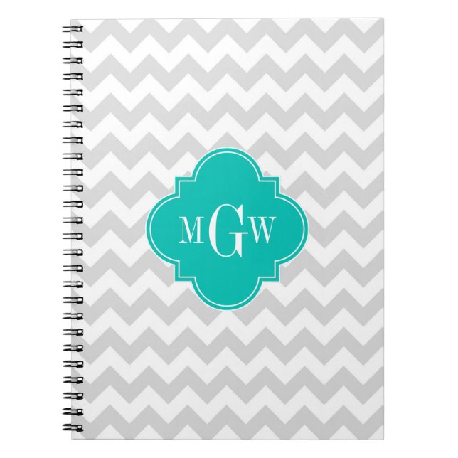 Lt Gray Wht Chevron Teal Quatrefoil 3 Monogram Notebook (Front)