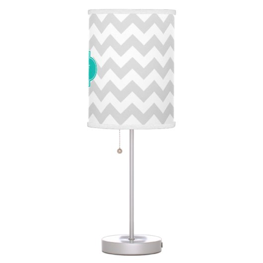 Lt Gray Wht Chevron Teal Quatrefoil 3 Monogram Table Lamp (Right)