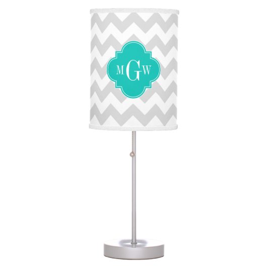 Lt Gray Wht Chevron Teal Quatrefoil 3 Monogram Table Lamp (Front)