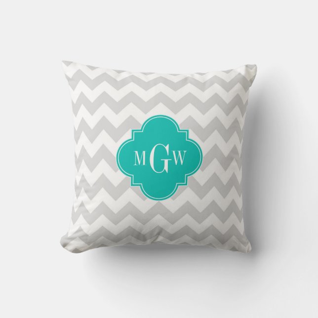 Lt Gray Wht Chevron Teal Quatrefoil 3 Monogram Throw Pillow (Front)