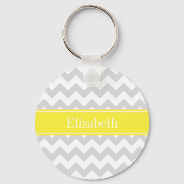 Lt Gray Wht Chevron Yellow Name Monogram Keychain (Front)