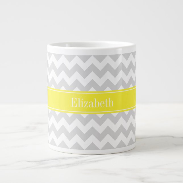 Lt Gray Wht Chevron Yellow Name Monogram Large Coffee Mug (Front)
