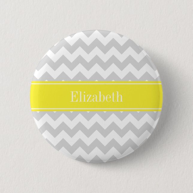 Lt Gray Wht Chevron Yellow Name Monogram Pinback Button (Front)