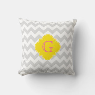 Lt Gray Wht Chevron Yellow Quatrefoil Monogram Throw Pillow