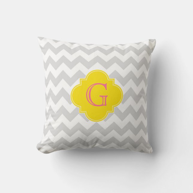 Lt Gray Wht Chevron Yellow Quatrefoil Monogram Throw Pillow (Front)