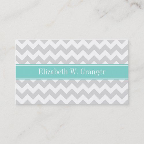 Lt Gray Wht Chevron ZigZag Aqua Name Monogram Business Card