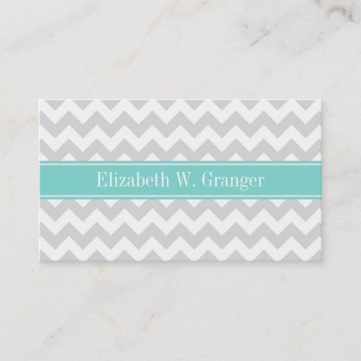 Customizable Lt Gray Wht Chevron ZigZag Aqua Name Monogram Business Card