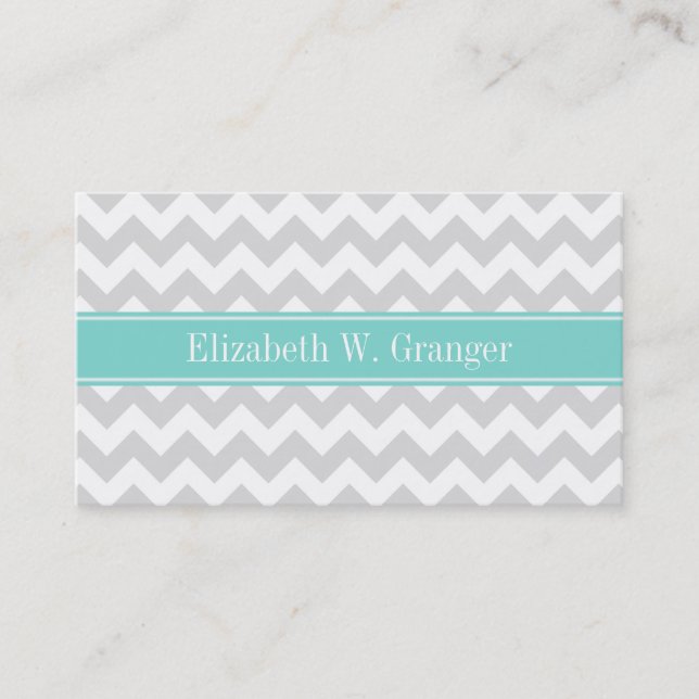 Lt Gray Wht Chevron ZigZag Aqua Name Monogram Business Card (Front)