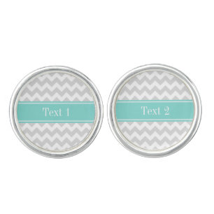 Lt Gray Wht Chevron ZigZag Aqua Name Monogram Cufflinks
