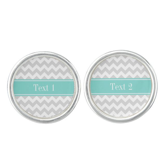 Lt Gray Wht Chevron ZigZag Aqua Name Monogram Cufflinks (Front)