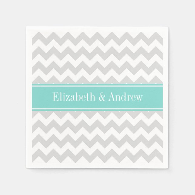 Lt Gray Wht Chevron ZigZag Aqua Name Monogram Paper Napkins (Front)