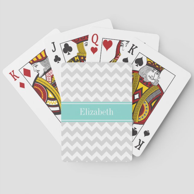 Lt Gray Wht Chevron ZigZag Aqua Name Monogram Poker Cards (Back)