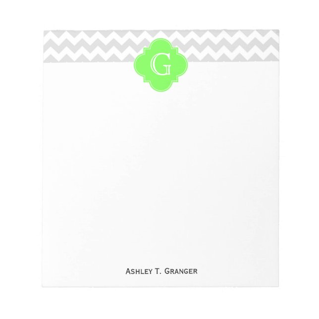 Lt Gray Wht Chevron ZigZag Lime Quatrefoil Monogra Notepad (Front)