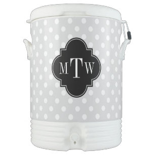 Lt Gray Wht Polka Dots Black Quatrefoil 3 Monogram Beverage Cooler